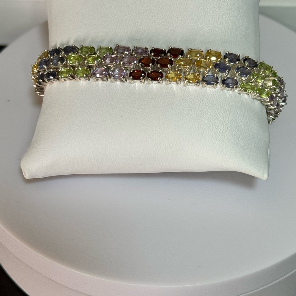 925 Multi Gemstone Triple Row Tennis Bracelet - Picture 7 of 9